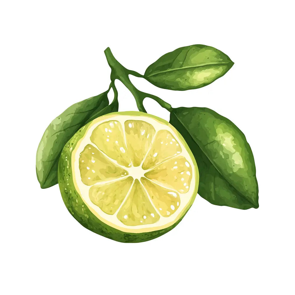 ภาพวาดสีน้ำของมะนาวผ่าครึ่งพร้อมใบ