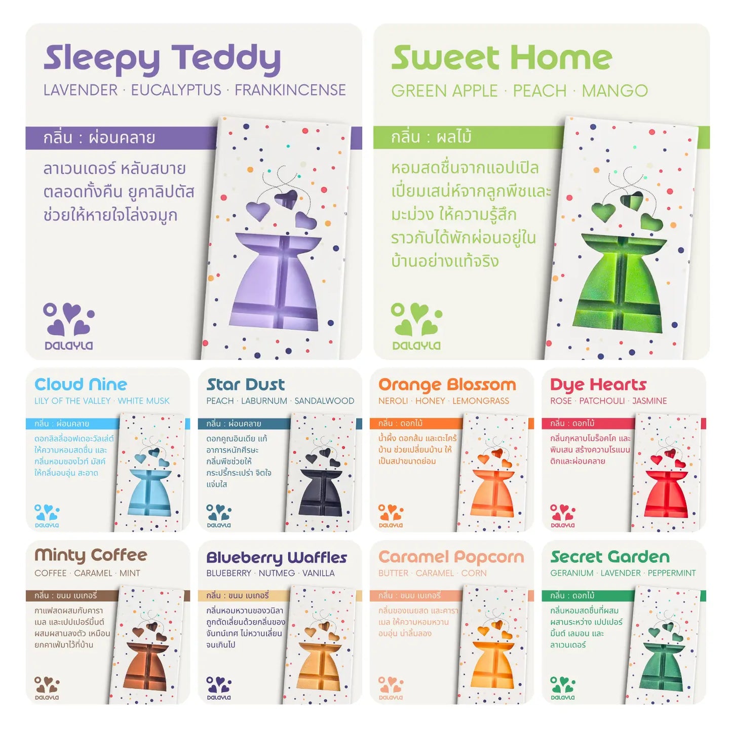 อินโฟกราฟิกแนะนำแว็กซ์หอม 10 กลิ่น Signature ของ Dalayla ได้แก่ Sleepy Teddy, Sweet Home, Cloud Nine, Star Dust, Orange Blossom, Dye Hearts, Minty Coffee, Blueberry Waffles, Caramel Popcorn และ Secret Garden โดยแต่ละกลิ่นแสดงชื่อภาษาอังกฤษ ส่วนผสมหลัก (Scent Notes) และคำอธิบายสรรพคุณในภาษาไทย พร้อมภาพประกอบบรรจุภัณฑ์ที่มีสีสันตามกลิ่น