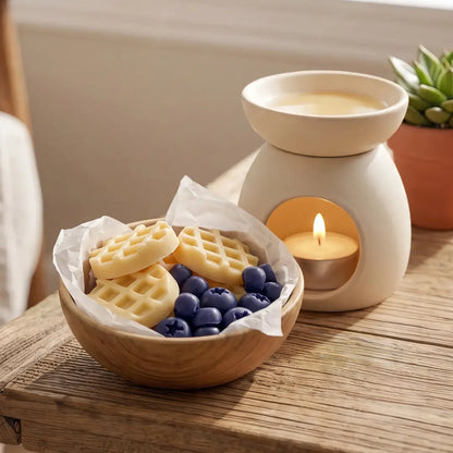 แว็กซ์หอม Blueberry Waffles รูปทรงวาฟเฟิล วางข้างบลูเบอร์รีสดในฉากไลฟ์สไตล์ภายในบ้าน