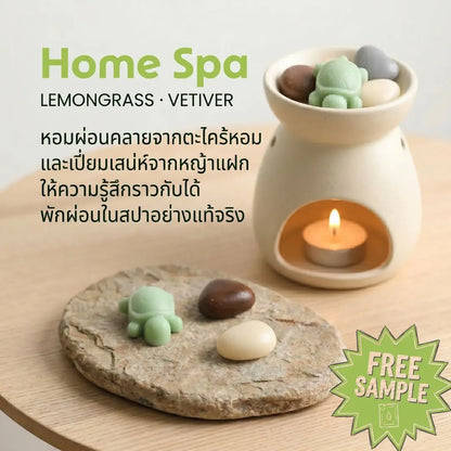 เตาอุ่นแว็กซ์หอมพร้อมแว็กซ์รูปเต่าและหินมงคลกลิ่น Home Spa บาย Dalayla บนโต๊ะไม้