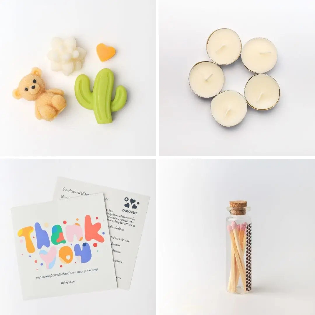 รายละเอียดภายในเซ็ตของขวัญ: แว็กซ์หอมกลิ่นแชมเปญ, เทียนทีไลท์แบบไม่มีกลิ่น 5 ชิ้น, การ์ดแนะนำวิธีใช้งาน และขวดไม้ขีดไฟตกแต่ง