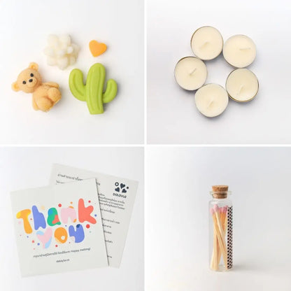 รายละเอียดภายในเซ็ตของขวัญ: แว็กซ์หอมกลิ่นแชมเปญ, เทียนทีไลท์แบบไม่มีกลิ่น 5 ชิ้น, การ์ดแนะนำวิธีใช้งาน และขวดไม้ขีดไฟตกแต่ง