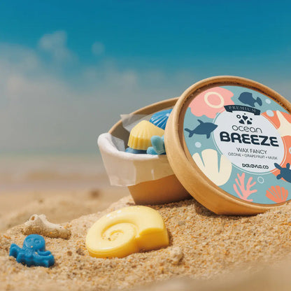 ถ้วยใส่แว็กซ์หอม Ocean Breeze Premium Wax Fancy กลิ่น Ozone Grapefruit Musk พร้อมฉลาก วางบนทราย รายล้อมด้วยแว็กซ์รูปทรงมหาสมุทรต่างๆ เปลือกหอย และปะการัง พร้อมพื้นหลังทะเลเลือนลาง