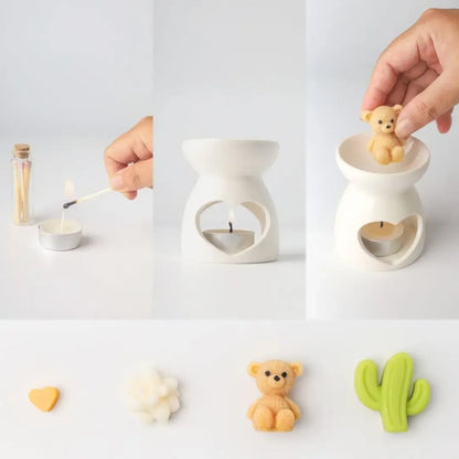 ภาพระยะใกล้แสดงวิธีใช้งาน โดยการวางแว็กซ์หอมแฮนด์เมดกลิ่นแชมเปญ (Natural Wax Blend) ลงในถ้วยเตาอโรมาเซรามิก